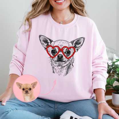 Custom Pet Valentine’s Day Sweatshirt - Personalized Dog/Cat Heart Glasses Graphic Crewneck