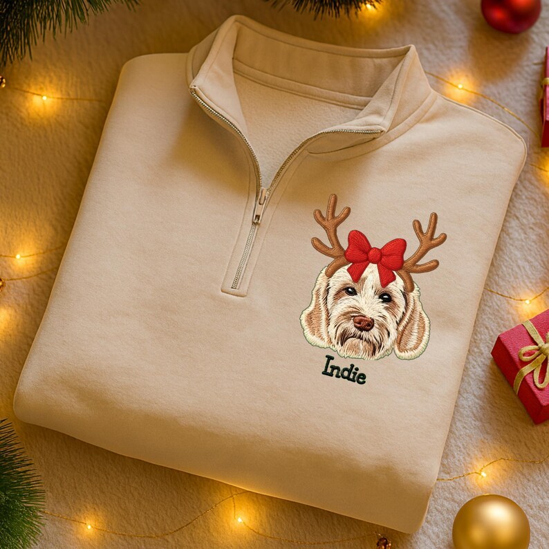Custom Pet Portrait Embroidered Quarter Zip Christmas Sweatshirt