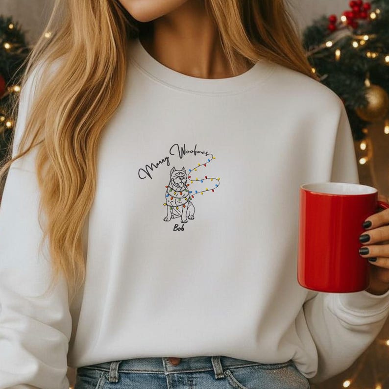 Merry Woofmas Custom Pet Embroidered Sweatshirt with Christmas Light Strings