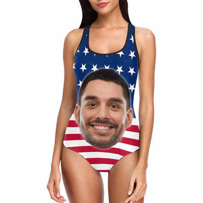 Custom Husband Face American Flag Swimsuit Personalized Tank Top One Piece Bathing Suit Celebrate Holiday Party-ilovevango