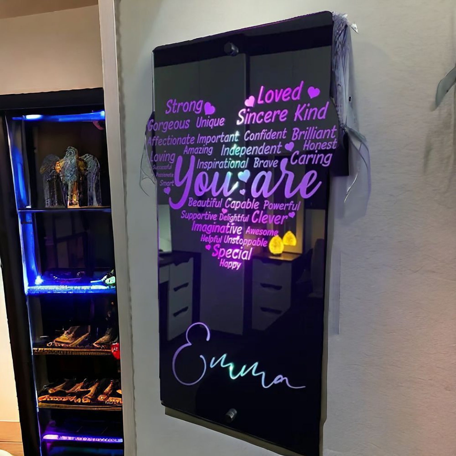 Personalized Heart Affirmation Mirror Light Sign, Customized Name LED Light