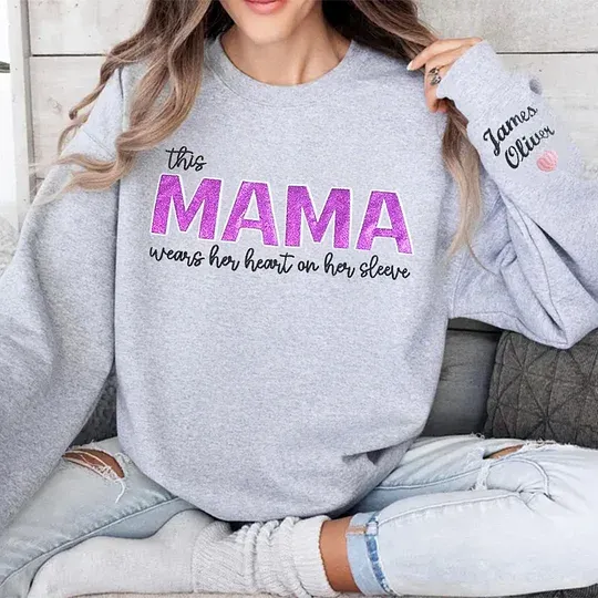 Mom Wears Her Heart on Her Sleeves Custom Embroidered T-Shirt ,Sequined Sweatshirt Gift for Mom & Nana