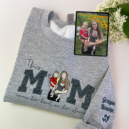Mom Wears Her Heart on Her Sleeves Custom Glitter Mama Sweatshirt with Photo Gift for Mom Nana