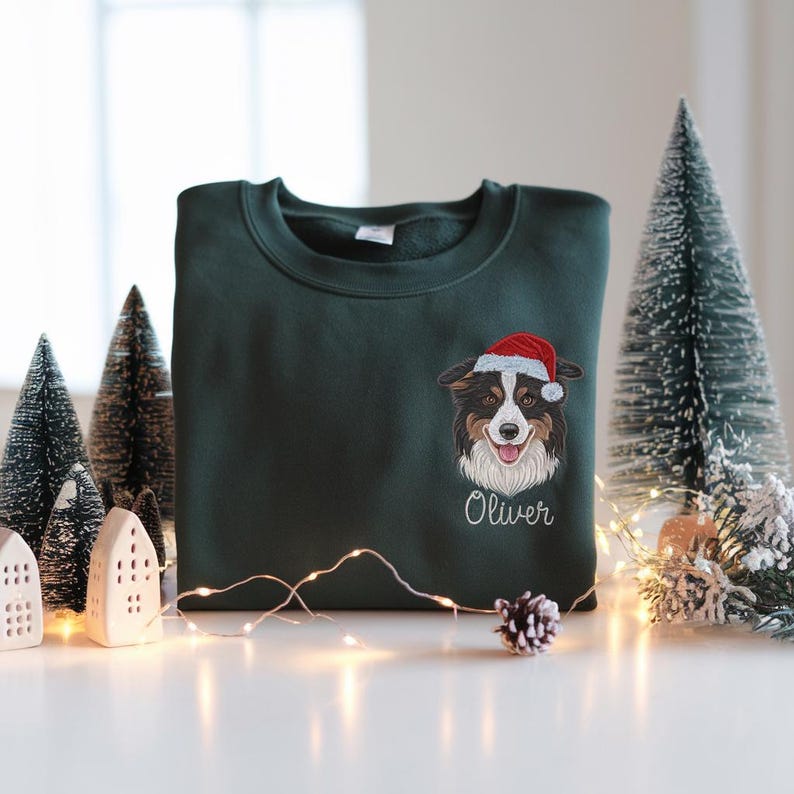 Custom Premium Handcrafted Pet Portrait Sweatshirt, Dog Embroidered Santa Paws Christmas Sweatshirt