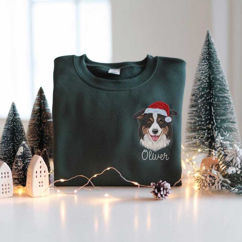 Custom Premium Handcrafted Pet Portrait Sweatshirt, Dog Embroidered Santa Paws Christmas Sweatshirt