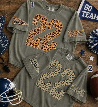 Custom Leopard Team Tee with Personalized Initial, Number & Sleeve Print — Your Go-To Game Day Shirt.