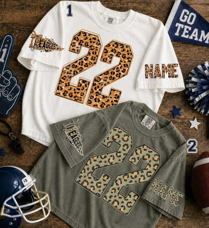 Custom Leopard Team Tee with Personalized Initial, Number & Sleeve Print — Your Go-To Game Day Shirt.