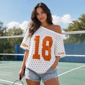Custom Off-Shoulder Polka Dot Varsity Jersey Tee – Personalized Name & Number