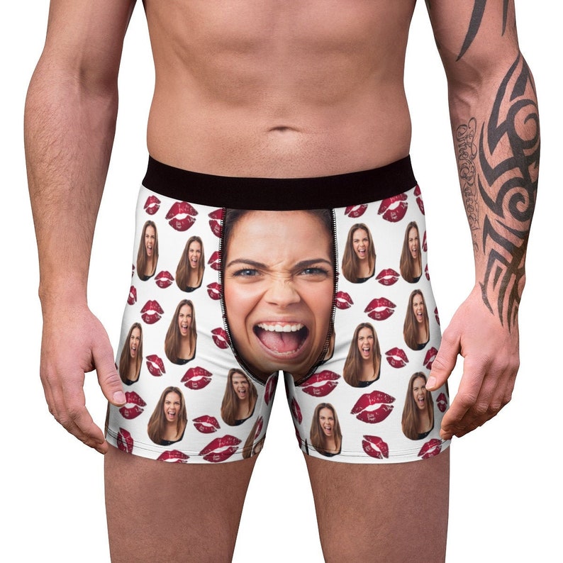 Your Face on Custom Men's Boxers with Red Lips, Personalized Funny Boxer Briefs, Underpants, Face Underwear, Valentine's day gift for him-ilovevango