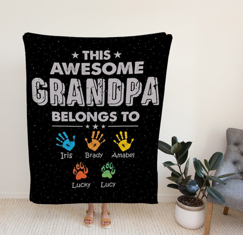 Personalized Gifts For Grandpa, Custom Awesome Grandpa Belongs Blanket, Father Day Gifts Ideas, Birthday Gifts for Men 40th, 50th, 60th.-ilovevango