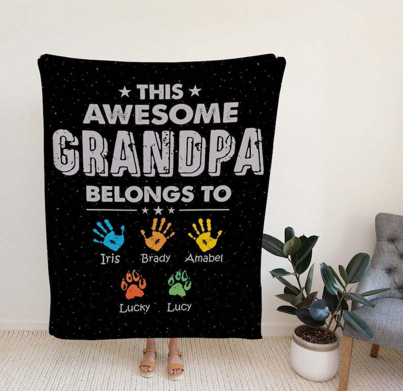 Personalized Gifts For Grandpa, Custom Awesome Grandpa Belongs Blanket, Father Day Gifts Ideas, Birthday Gifts for Men 40th, 50th, 60th.-ilovevango