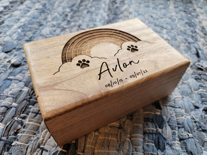 Personalized Rainbow Pet Urn, Pet Remains Wood Box, Cremation Cat Ashes, Urn Box Dog Ashes, Custom Funeral Box, Rainbow Bridge Box, Keepsake-ilovevango