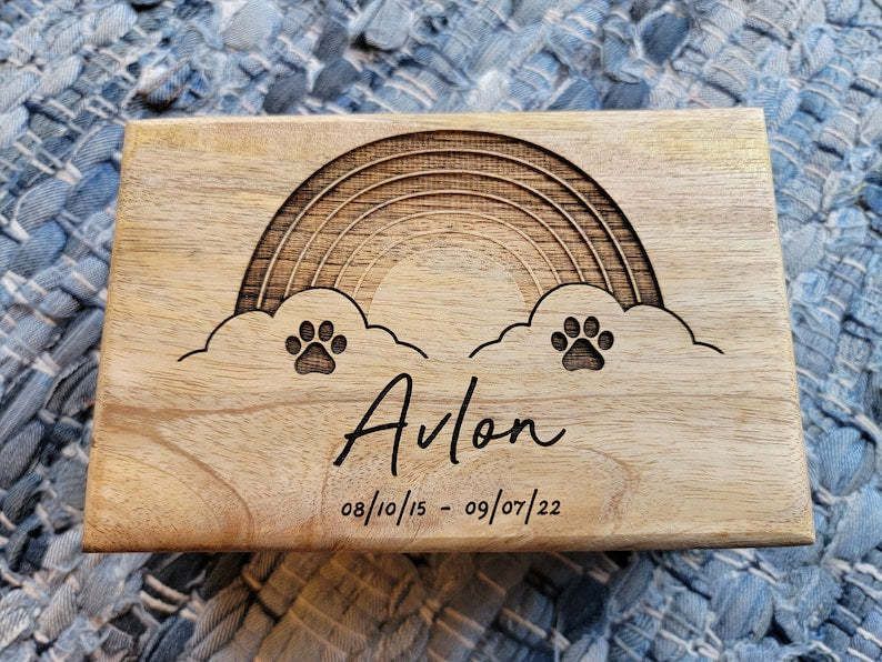 Personalized Rainbow Pet Urn, Pet Remains Wood Box, Cremation Cat Ashes, Urn Box Dog Ashes, Custom Funeral Box, Rainbow Bridge Box, Keepsake-ilovevango