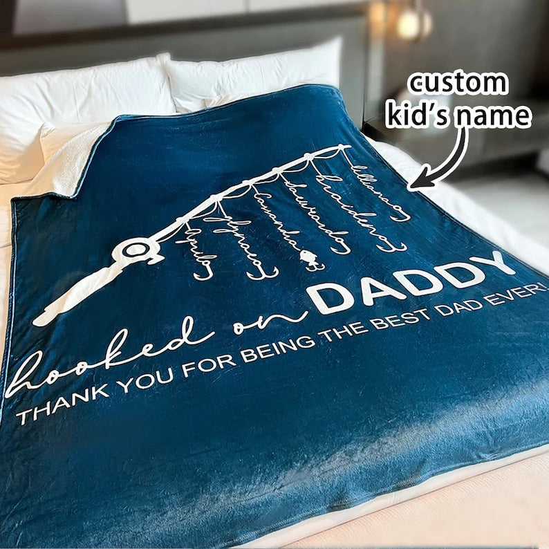Personalized Hooked On Daddy Blanket, Fishing Dad Gift, Custom Dad Blanket Gifts, Dad Blanket, Fathers Day Gift, Blanket For Dad, Fisher Dad-ilovevango