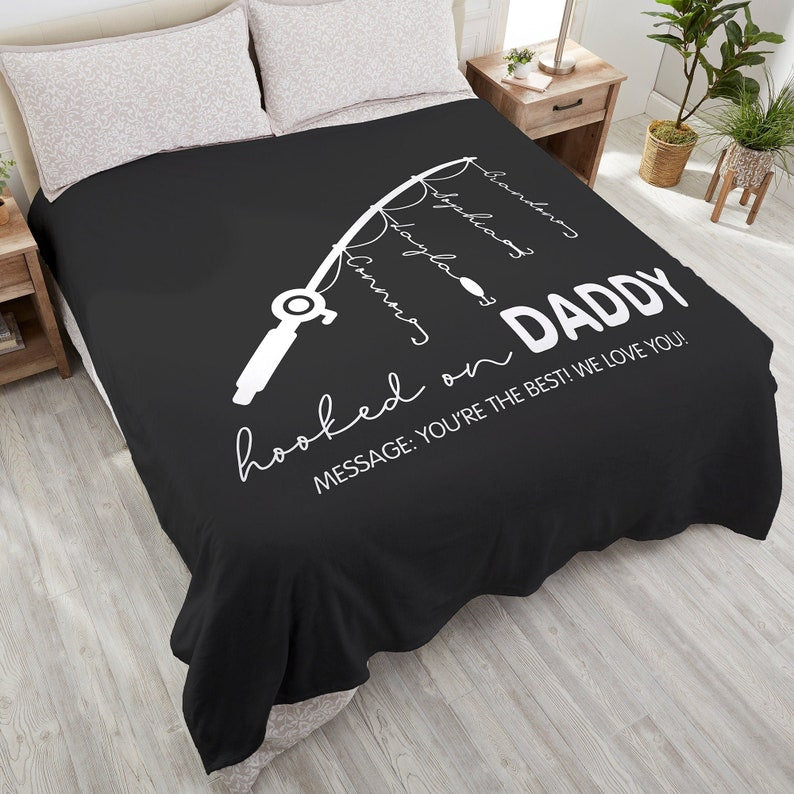 Personalized Hooked On Daddy Blanket, Fishing Dad Gift, Custom Dad Blanket Gifts, Dad Blanket, Fathers Day Gift, Blanket For Dad, Fisher Dad-ilovevango