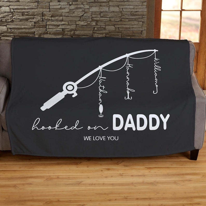 Personalized Hooked On Daddy Blanket, Fishing Dad Gift, Custom Dad Blanket Gifts, Dad Blanket, Fathers Day Gift, Blanket For Dad, Fisher Dad-ilovevango