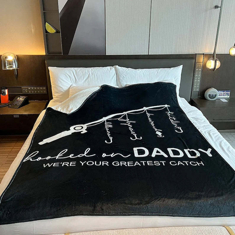 Personalized Hooked On Daddy Blanket, Fishing Dad Gift, Custom Dad Blanket Gifts, Dad Blanket, Fathers Day Gift, Blanket For Dad, Fisher Dad-ilovevango