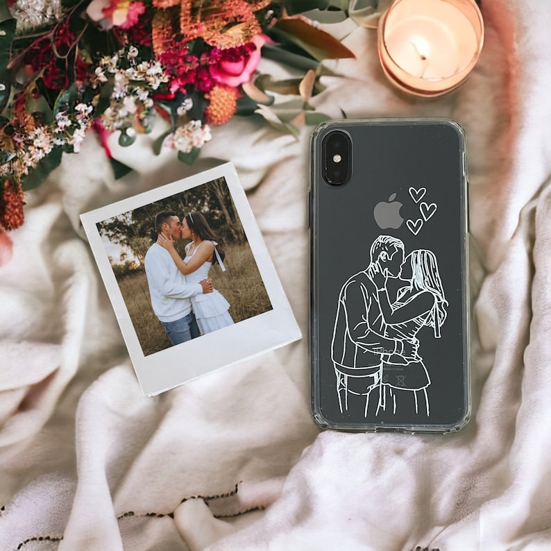 Custom Line Art Phone Case with Personalized Portrait for Couples looking for Anniversary Gift - Matching Cases for Girlfriend and Boyfriend-ilovevango