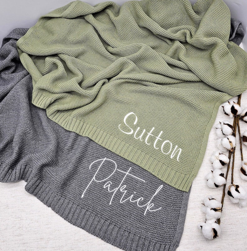 Personalized Baby Blanket, Embroidered Name, Stroller Blanket, Newborn Baby Gift, Soft Breathable Cotton Knit Baby Blanket, Baby Shower Gift-ilovevango