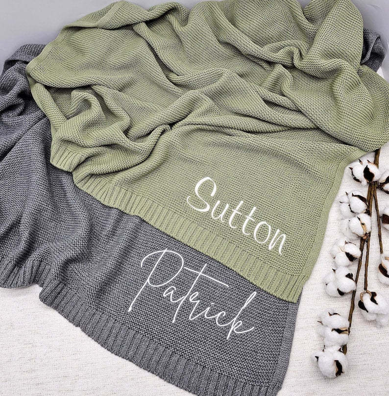 Personalized Baby Blanket, Embroidered Name, Stroller Blanket, Newborn Baby Gift, Soft Breathable Cotton Knit Baby Blanket, Baby Shower Gift-ilovevango
