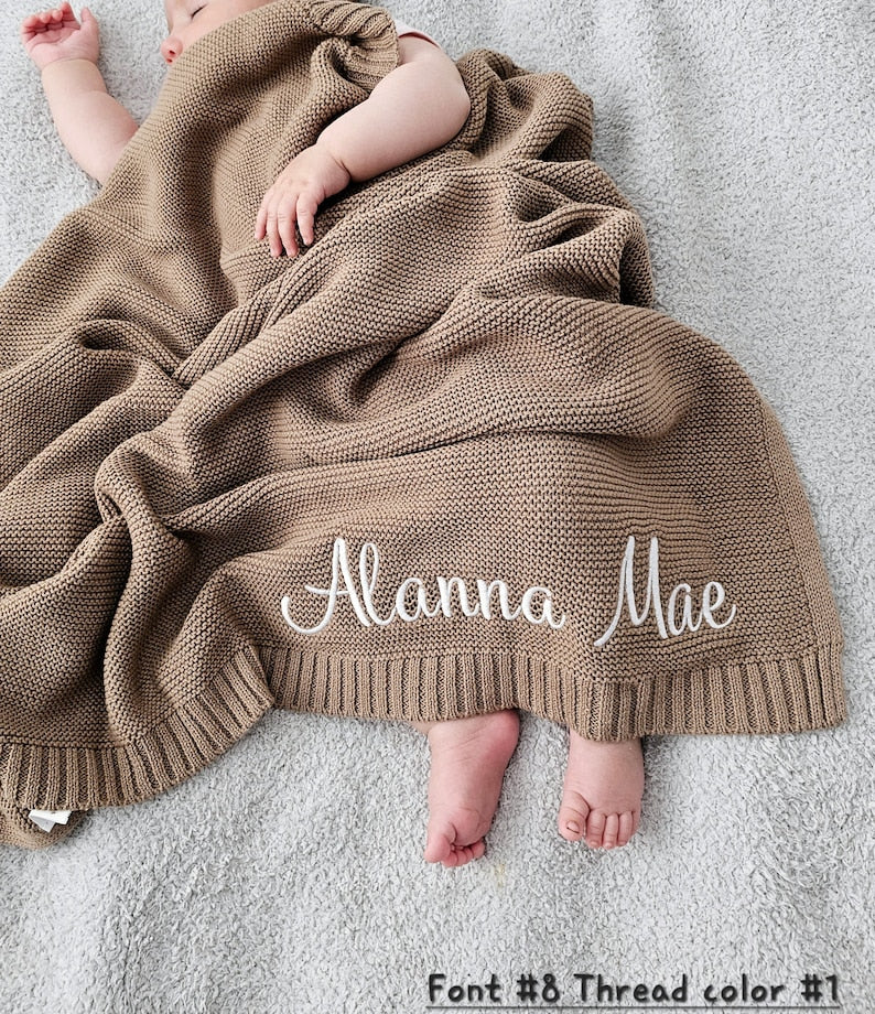 Custom Embroidered Baby Blanket Embroidered Name, Stroller Blanket, Newborn Baby Gift, Soft Breathable Cotton Knit, Newborn Gift, Custom Baby Blanket-ilovevango