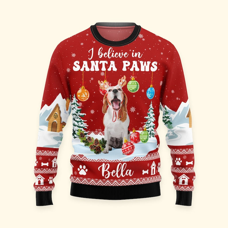 Personalized I Believe In Santa Paws Ugly Sweatshirt, Custom Photo Ugly Sweatshirt, Christmas Sweatshirt Gift For Dog Owners, Dog Lover Gifts-ilovevango