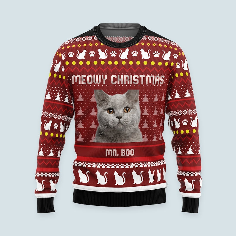Personalized Meowy Christmas Ugly Sweatshirt, Custom Photo Ugly Sweatshirt, Christmas Sweatshirt Gift For Cat Owners, Cat Lovers Gifts-ilovevango