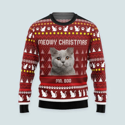 Personalized Meowy Christmas Ugly Sweatshirt, Custom Photo Ugly Sweatshirt, Christmas Sweatshirt Gift For Cat Owners, Cat Lovers Gifts-ilovevango
