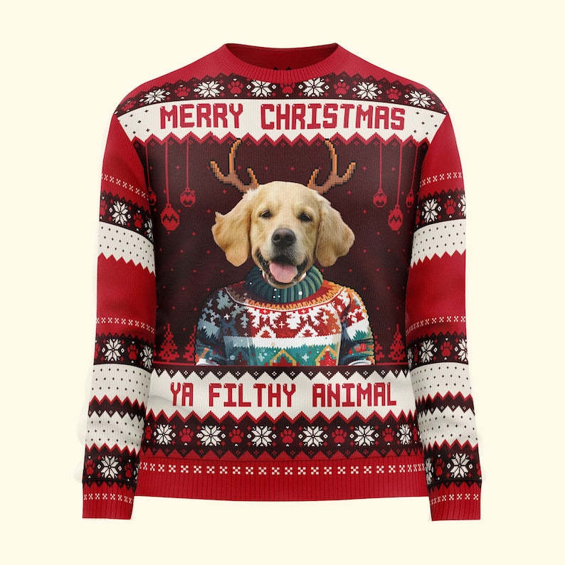 Personalized Merry Christmas Ya Filthy Animal Ugly Sweatshirt, Custom Photo Ugly Sweatshirt, Christmas Sweatshirt Gift For Dog Owners, Dog Gift-ilovevango