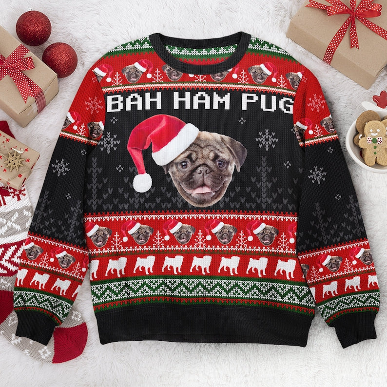 Personalized Bah Ham Pug Ugly Sweatshirt, Custom Photo Ugly Sweatshirt, Ugly Christmas Pattern, Christmas Sweatshirt, Dog Lover Sweatshirt-ilovevango