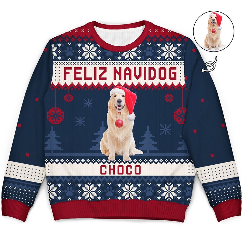 Personalized Merry Woofmas Ugly Sweatshirt, Custom Photo Ugly Sweatshirt, Ugly Christmas Pattern, Christmas Sweatshirt, Dog Lover Sweatshirt-ilovevango