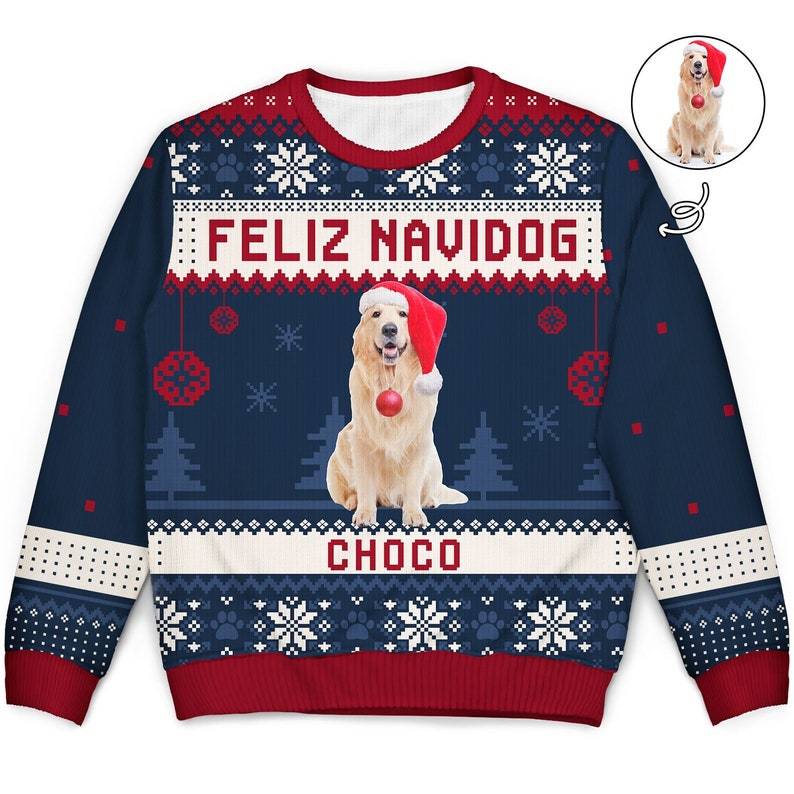 Personalized Merry Woofmas Ugly Sweatshirt, Custom Photo Ugly Sweatshirt, Ugly Christmas Pattern, Christmas Sweatshirt, Dog Lover Sweatshirt-ilovevango
