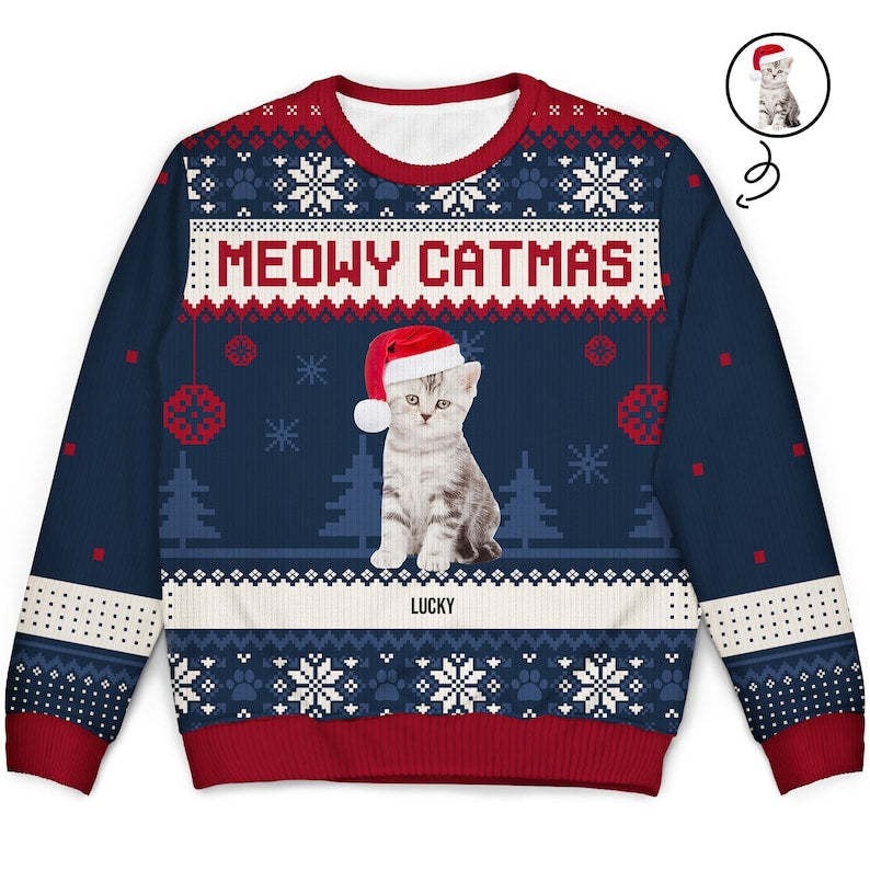 Personalized Mewy Catmas Ugly Sweatshirt, Custom Photo Ugly Sweatshirt, Ugly Christmas Pattern, Christmas Sweatshirt, Cat Lover Sweatshirt-ilovevango