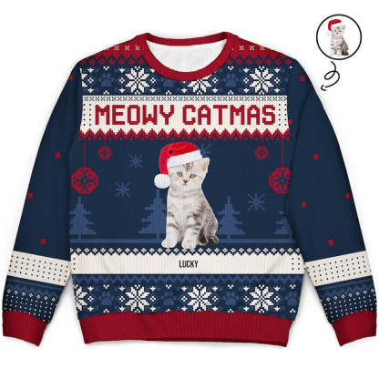Personalized Mewy Catmas Ugly Sweatshirt, Custom Photo Ugly Sweatshirt, Ugly Christmas Pattern, Christmas Sweatshirt, Cat Lover Sweatshirt-ilovevango