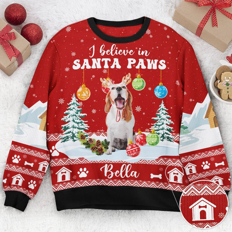 Personalized I Believe In Santa Paws Ugly Sweatshirt, Custom Photo Ugly Sweatshirt, Christmas Sweatshirt Gift For Dog Owners, Dog Lover Gifts-ilovevango