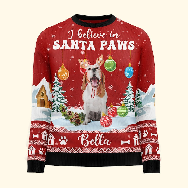Personalized I Believe In Santa Paws Ugly Sweatshirt, Custom Photo Ugly Sweatshirt, Christmas Sweatshirt Gift For Dog Owners, Dog Lover Gifts-ilovevango