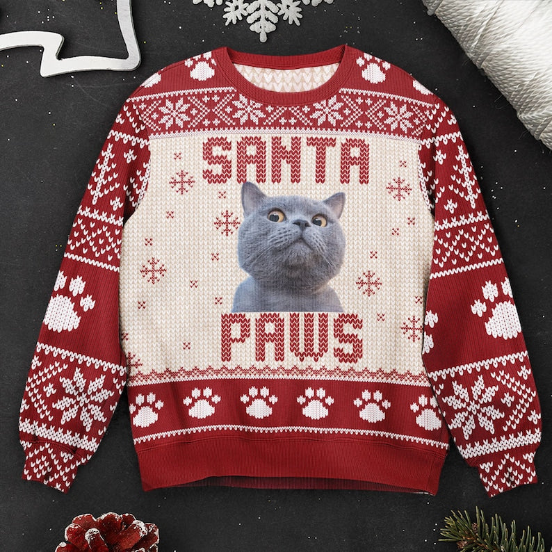 Personalized I Believe In Santa Paws Ugly Sweatshirt, Custom Photo Ugly Sweatshirt, Christmas Sweatshirt Gift For Cat Owners, Cat Lover Gifts-ilovevango