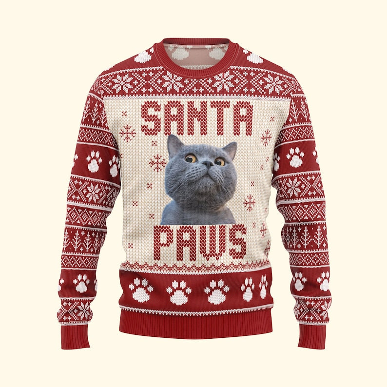 Personalized I Believe In Santa Paws Ugly Sweatshirt, Custom Photo Ugly Sweatshirt, Christmas Sweatshirt Gift For Cat Owners, Cat Lover Gifts-ilovevango