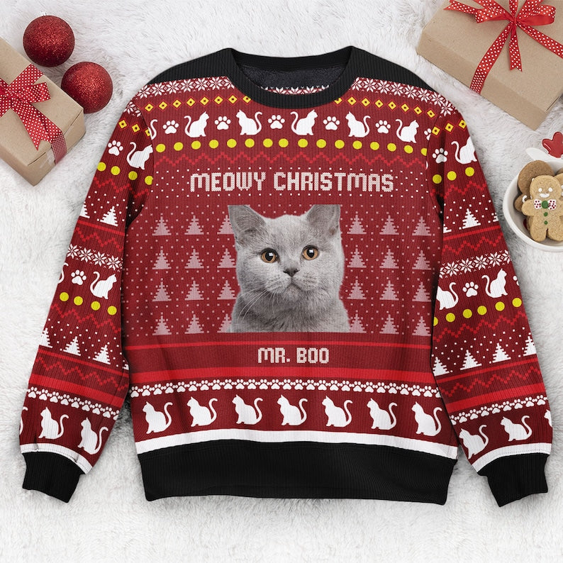 Personalized Meowy Christmas Ugly Sweatshirt, Custom Photo Ugly Sweatshirt, Christmas Sweatshirt Gift For Cat Owners, Cat Lovers Gifts-ilovevango