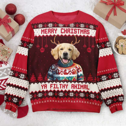 Personalized Merry Christmas Ya Filthy Animal Ugly Sweatshirt, Custom Photo Ugly Sweatshirt, Christmas Sweatshirt Gift For Dog Owners, Dog Gift-ilovevango
