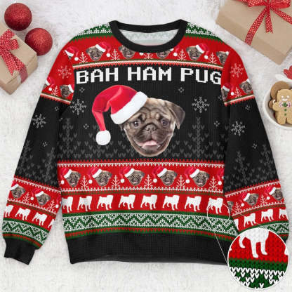 Personalized Bah Ham Pug Ugly Sweatshirt, Custom Photo Ugly Sweatshirt, Ugly Christmas Pattern, Christmas Sweatshirt, Dog Lover Sweatshirt-ilovevango
