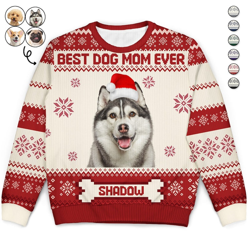 Personalized Dog Mom Ever Ugly Sweatshirt, Custom Photo Ugly Sweatshirt, Ugly Christmas Pattern, Christmas Sweatshirt, Dog Lover Sweatshirt-ilovevango