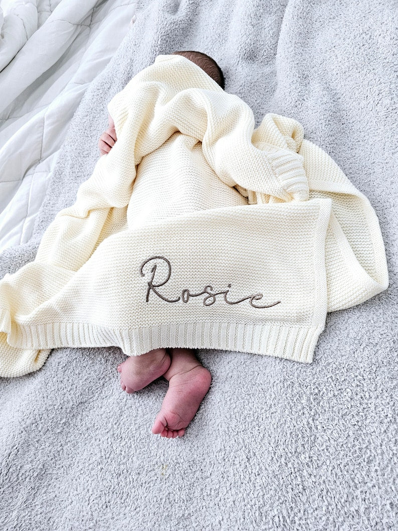 Baby Blanket,Embroidered Name,Stroller Blanket,Newborn Baby Gift ,Soft Breathable Cotton Knit