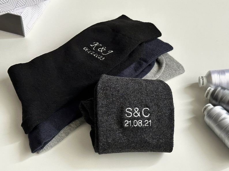 Custom Second Wedding Anniversary Gift Embroidered Wedding Day Socks with Two Initials And Anniversary Date Option - | Bold Font-ilovevango