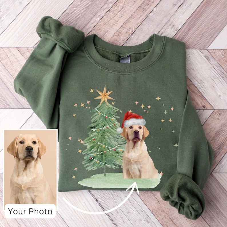 Custom Dog Christmas Tree Sweater, Xmas Jumper, Gift for Dog Lover, Dog Mama, Custom Photo Personalized Dog Sweatshirt