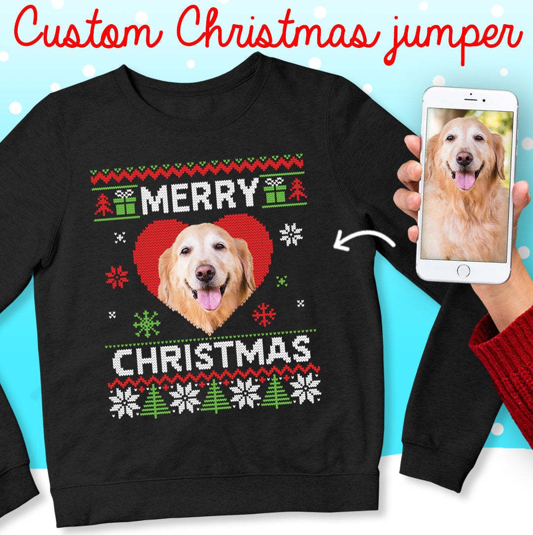 Personalised Christmas fun jumper sweater | Womens Mens Kids black crewneck sweatshirt | Add custom dog cat rabbit pet photo face picture-ilovevango