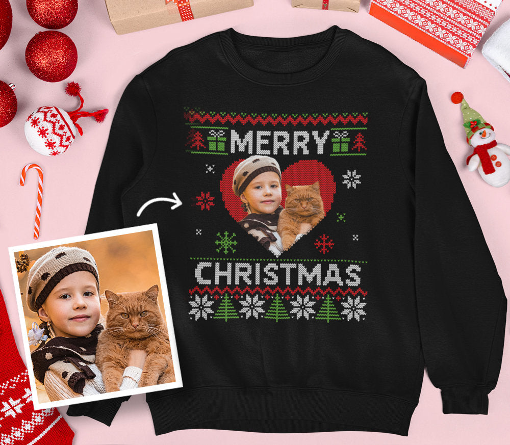 Personalised Christmas fun jumper sweater | Womens Mens Kids black crewneck sweatshirt | Add custom dog cat rabbit pet photo face picture-ilovevango