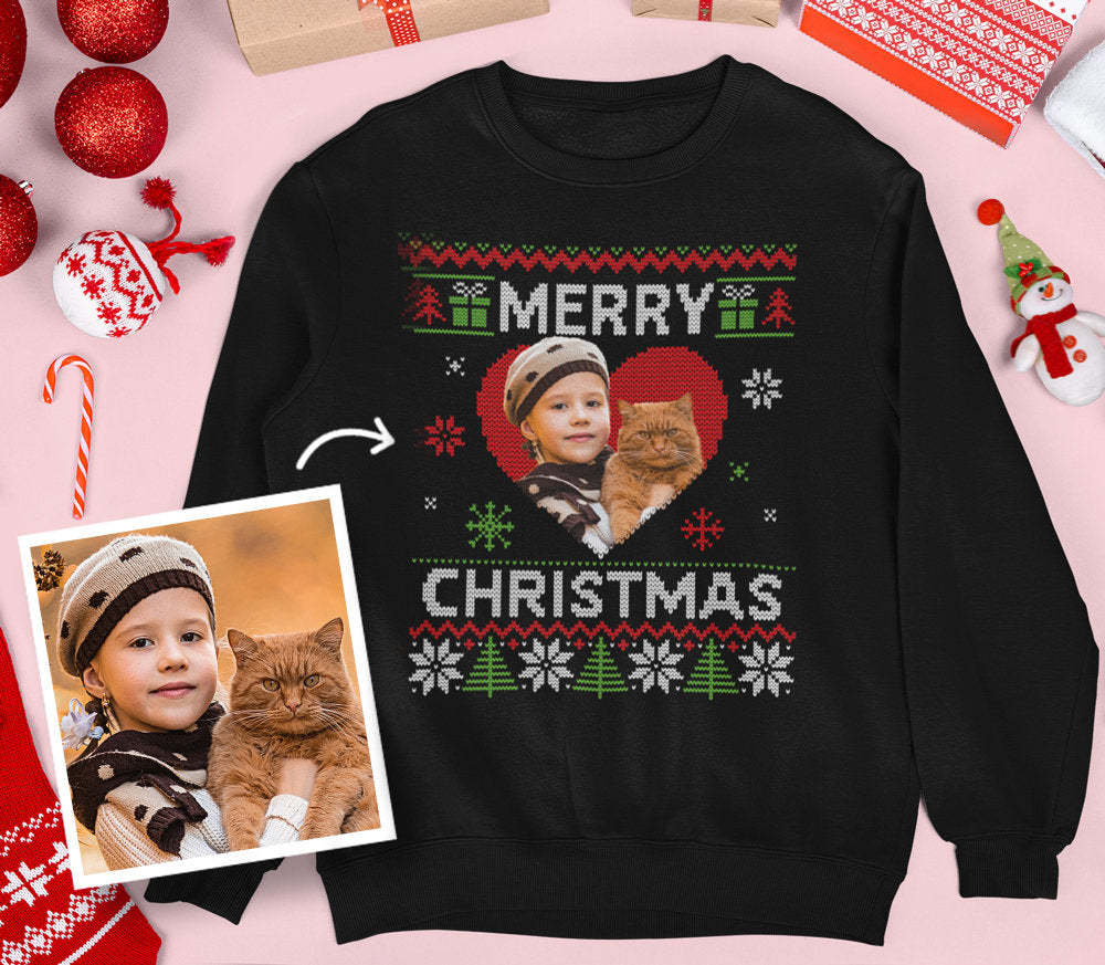 Personalised Christmas fun jumper sweater | Womens Mens Kids black crewneck sweatshirt | Add custom dog cat rabbit pet photo face picture-ilovevango