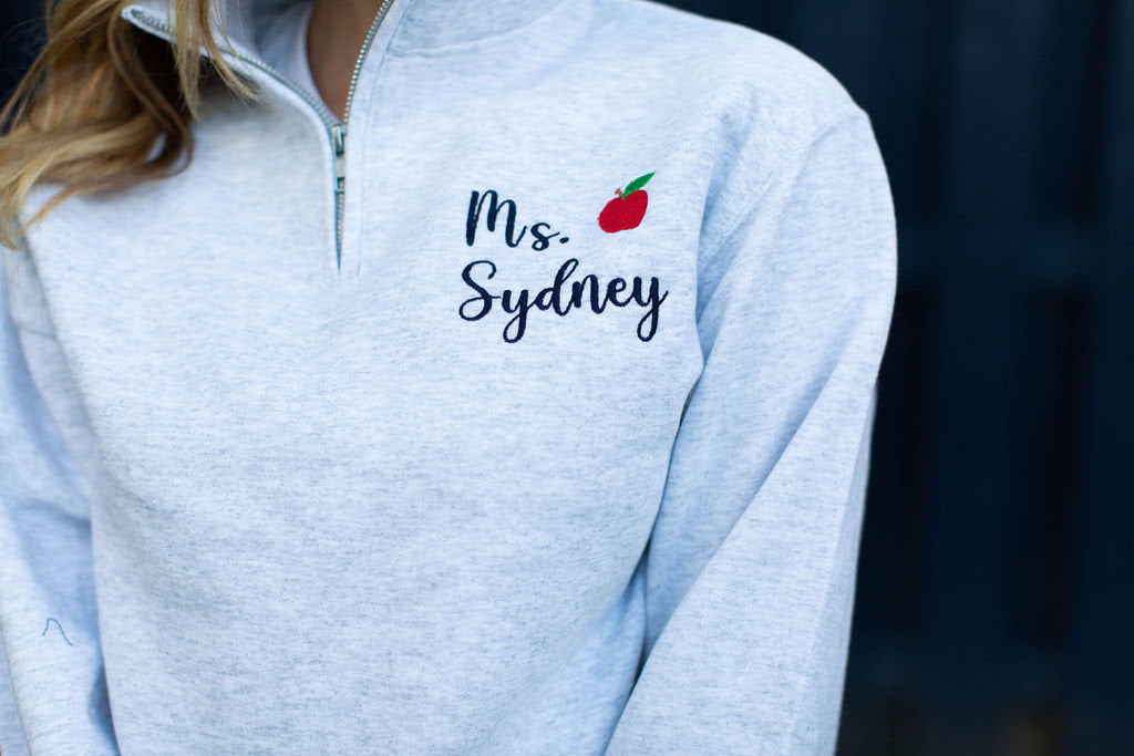 Personalized Teacher Quarter Zip Sweatshirt | Teacher Name and Apple Zip Pullover-ilovevango