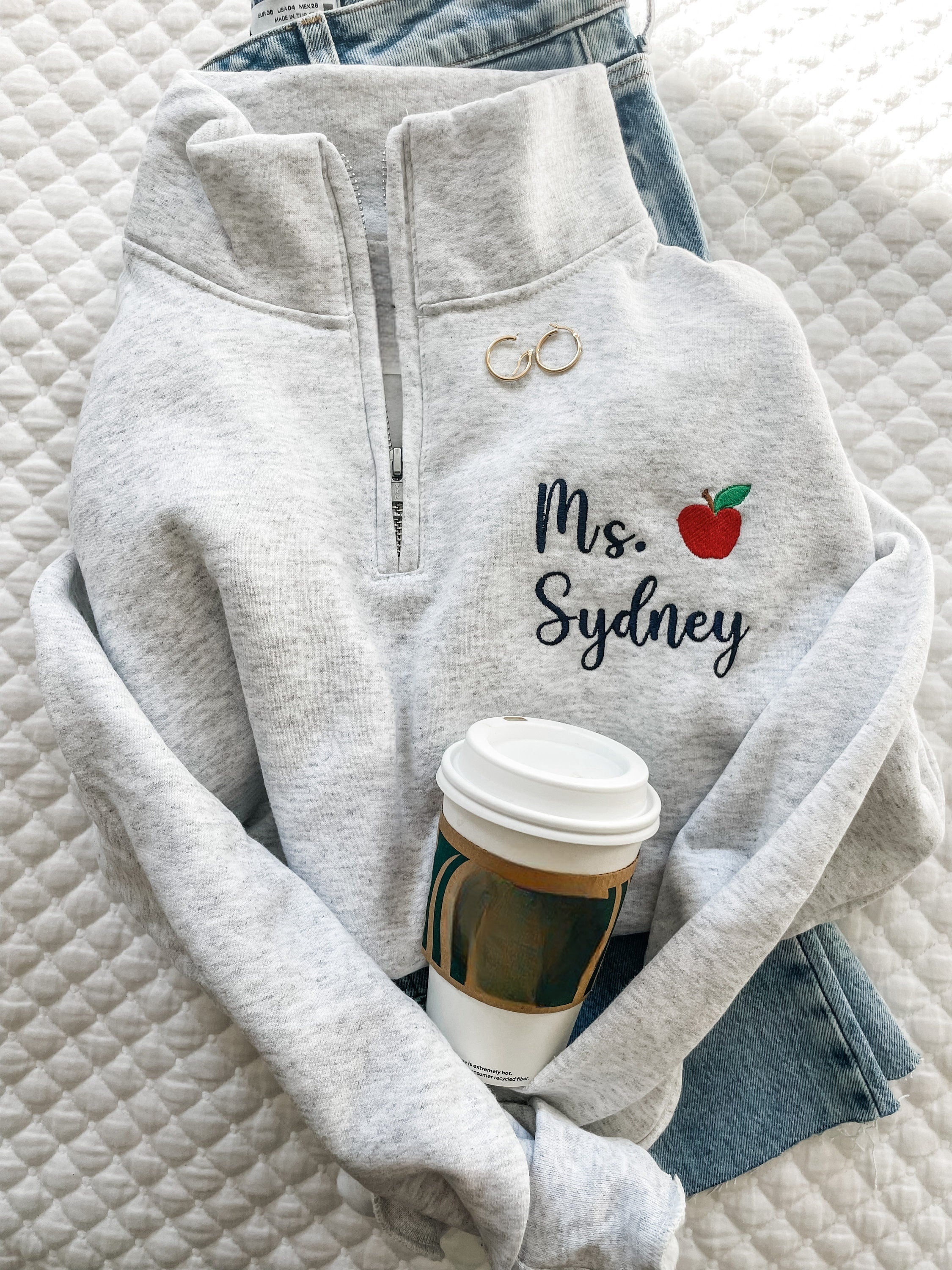 Personalized Teacher Quarter Zip Sweatshirt | Teacher Name and Apple Zip Pullover-ilovevango